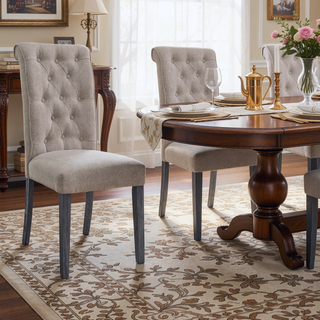 Sunvega Beige Linen Upholstered Tufted Back Side Chairs with Grey Legs Set of 2