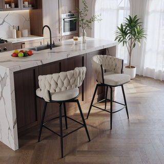 Sunvega Linen Woven Upholstered Bar Chair with 360 Swivel Back and Footrest