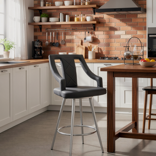 Sunvega 26 Inch Gray Faux Leather Swivel Bar Stool with Brushed Stainless Steel Frame