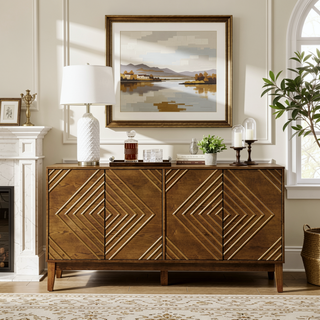 Sunvega Mid Century Modern Fluted Sideboard with Geometric Pattern and Adjustable Shelves