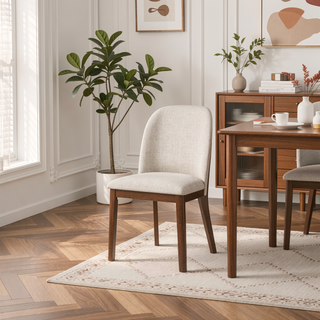 Sunvega Mid-Century Modern Kaitlyn Beige Linen Dining Chair Set of 2 with Solid Wood Legs