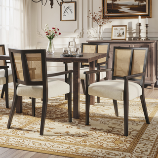 Sunvega Mid-Century Modern Cane Back Arm Dining Chairs with Upholstered Seat Set of 2