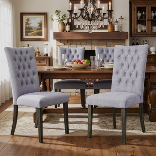 Sunvega Grey Linen Upholstered Button Tufted Side Chairs with Wooden Tapered Legs