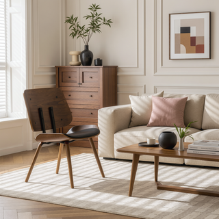 Sunvega Mid-Century Modern Walnut Dining Chair with Black Faux Leather and Padded Seat Set of 2