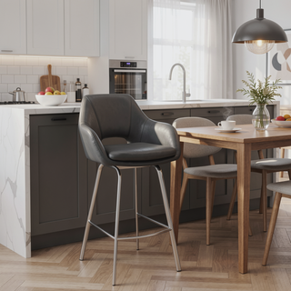 Sunvega Gray Faux Leather Swivel Bar Stool with Brushed Stainless Steel Base