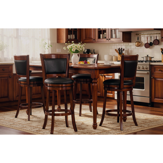 Sunvega Dark Cherry Finish Swivel Bar Chair with Black Faux Leather Upholstery