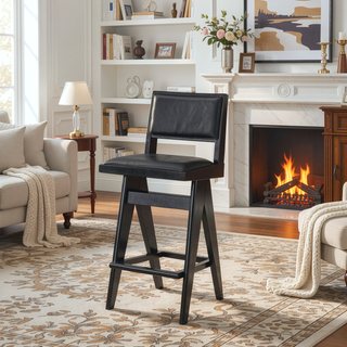 Sunvega Keira Black PU Bar Stool Set of 2 with Mid-Century Design and Full Back