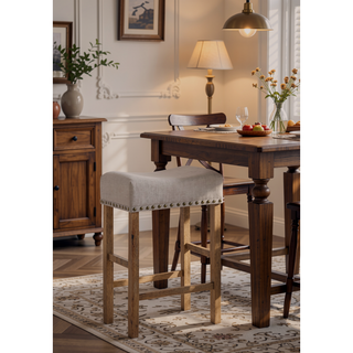 Sunvega Tan Linen & Weathered Oak Finish Counter Height Armless Stool Set of 2