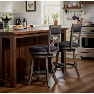 Sunvega 24 Inch Counter Height X-Back Swivel Stool with Beige Fabric Seat and Cherry Finish