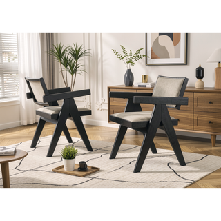 Sunvega Jasper 21 Inch Set of 2 Ebony Black Dining Arm Chairs with Beige Upholstered Seat