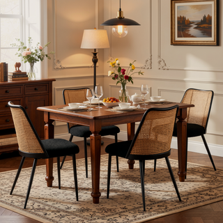 Sunvega Hand-Woven Natural Cane Back Upholstered Rattan Dining Chairs Set of 4