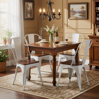 Sunvega High Gloss White with Walnut Wooden Seat Industrial Metal Dining Chairs Set of 2