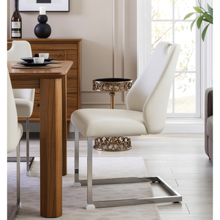 Sunvega White Faux Leather Dining Chairs Set of 2 with Gold Mesh Texture and Chrome Handle