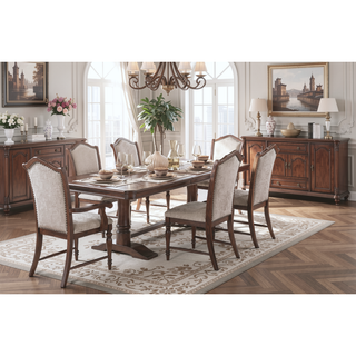 Sunvega Traditional Cherry Finish Wooden Side Chairs with Gray Textured Fabric Upholstery