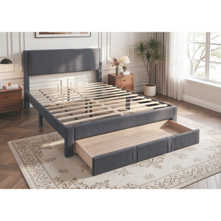 Sunvega Modern Charcoal Corduroy Upholstered Queen Size Platform Bed with Storage Drawer