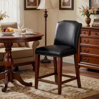 Sunvega Blaire Brown Faux Leather Counter Stool with Nail Heads and Scalloped Back