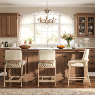 Sunvega Rustic Solid Ash Wood Upholstered Counter Stool with Rope Detail
