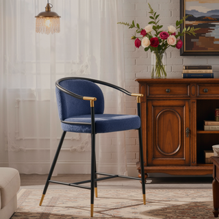 Sunvega Upholstered Navy Blue Counter Stool Set of 2 with Iron Frame