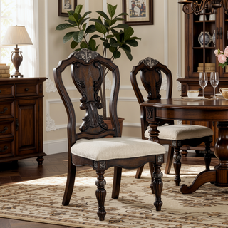 Sunvega Traditional Dark Brown Solid Wood Side Chair with Ornate Corbels