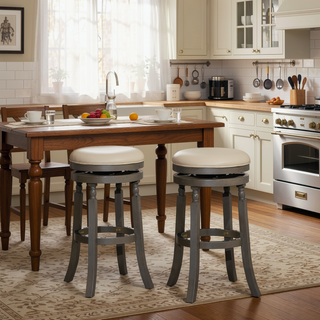 Sunvega 30 Inch Bar Stool with Weathered Gray Finish and Beige Fabric Seat