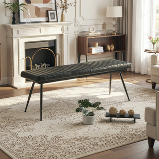 Sunvega Tufted Cushion Side Bench with Padded Goat Leather Upholstery and Tapered Metal Legs