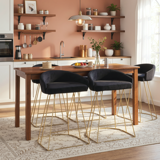 Sunvega Gold Metal Frame Counter Stool with Black Velvet Upholstered Seat and Backrest