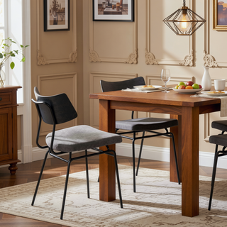 Sunvega Mid-Century Modern Black Metal and Dark Grey Faux Leather Dining Chairs