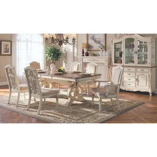 Sunvega Antique White Upholstered Seat Side Chair with Intricate Wood Inlay Detail