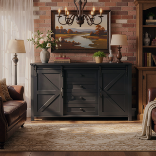 Sunvega 55.1-Inch Farmhouse Sideboard with Sliding Barn Doors and 4 Drawers