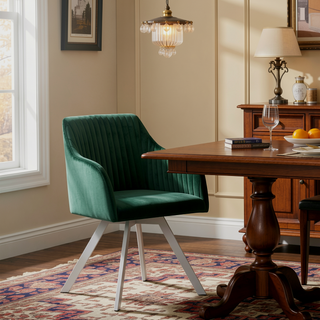Sunvega Green Velvet Upholstered Swivel Chair with Channel Tufted Back and Chrome Legs
