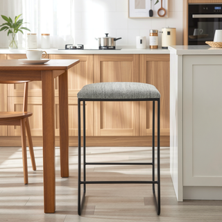 Sunvega Black Matte Metal Frame Faux Linen Upholstered Counter Stool