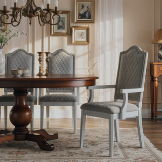 Sunvega Two Tone Grey and Pearl Grey Upholstered Back Arm Chairs with Diamond Grid Pattern and Nailhead Trim, Set of 2