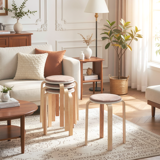 Sunvega Set of 4 Solid Birch Wood Stackable Round Backless Stools for Dining Room