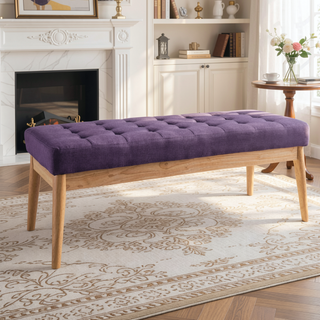 Sunvega Mid Century Modern Tufted Bench with Solid Birch Legs and Natural Finish