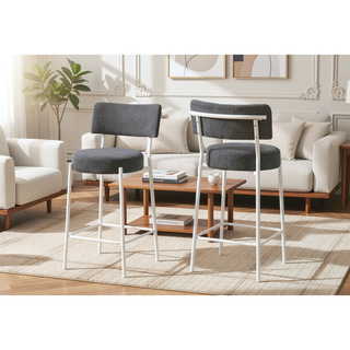 Sunvega Contemporary Kitchen Barstools with Grey Fabric Upholstery and White Metal Legs
