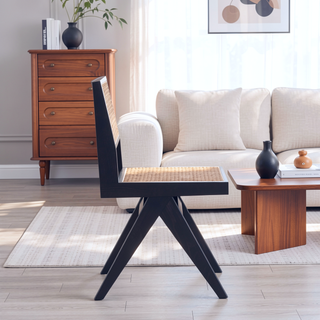 Sunvega Modern Cane Dining Chairs with Square Backrest in Black and Natural Set of 2