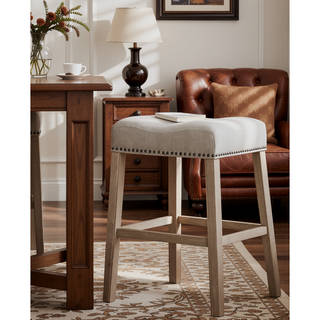 Sunvega Genuine Wood Weathered Grain Upholstered Saddle Seat Bar Stools Set of 2