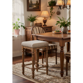 Sunvega Traditional Weathered Oak Finish Counter Height Stools with Beige Fabric Seating