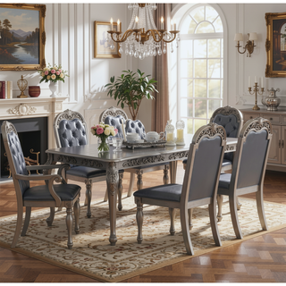 Sunvega Antique Design Silver Grey Finish Rubberwood Formal Dining Table