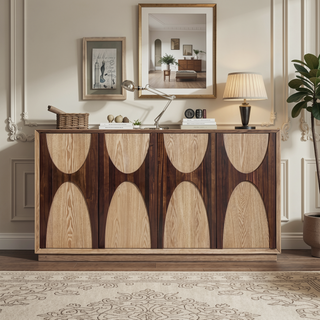 Sunvega Modern 4-Door Wooden Cabinet with Adjustable Shelves and Curved Acacia Wood Accents