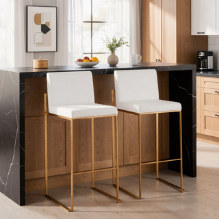 Sunvega Gold Steel and White Velvet Upholstered High Back Bar Stool Set of 2