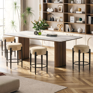 Sunvega Mid-Century Modern Kitchen Stools Set of 4 with White Boucle Upholstery and Metal Base
