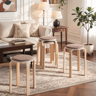 Sunvega Set of 4 Solid Birch Wood Stackable Round Backless Stools for Dining Room