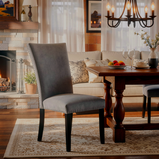 Sunvega Light Gray Flannelette Dining Chairs with Nailhead Trim and Black Wood Legs