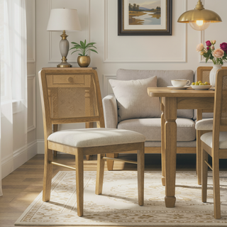 Sunvega Sand Wash Cane Dining Chair with Beige Cushion and Metal Stretcher Bar