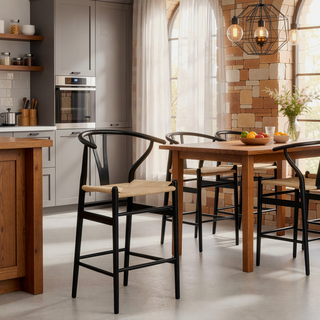 Sunvega Mid-Century Wishbone Barstool with Woven Papercord Seat Fully Assembled Walnut