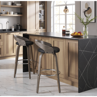 Sunvega Mid-Century Modern Barstool with Light Grey Wood and Black Faux Leather Swivel Seat