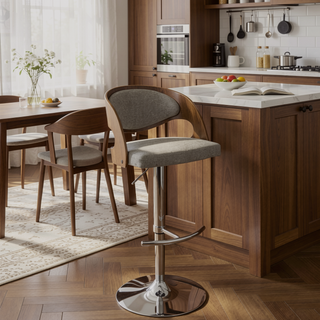 Sunvega Mid-Century Modern Adjustable Swivel Barstool with Walnut Back and Grey Fabric