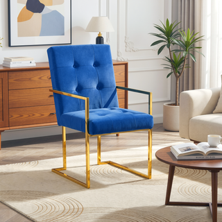 Sunvega Modern Linen Dining Arm Chair with Tufted Design and Gold Metal Base