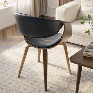 Sunvega Mid-Century Modern Dining Accent Chair with Faux Leather Upholstery and Walnut Wood